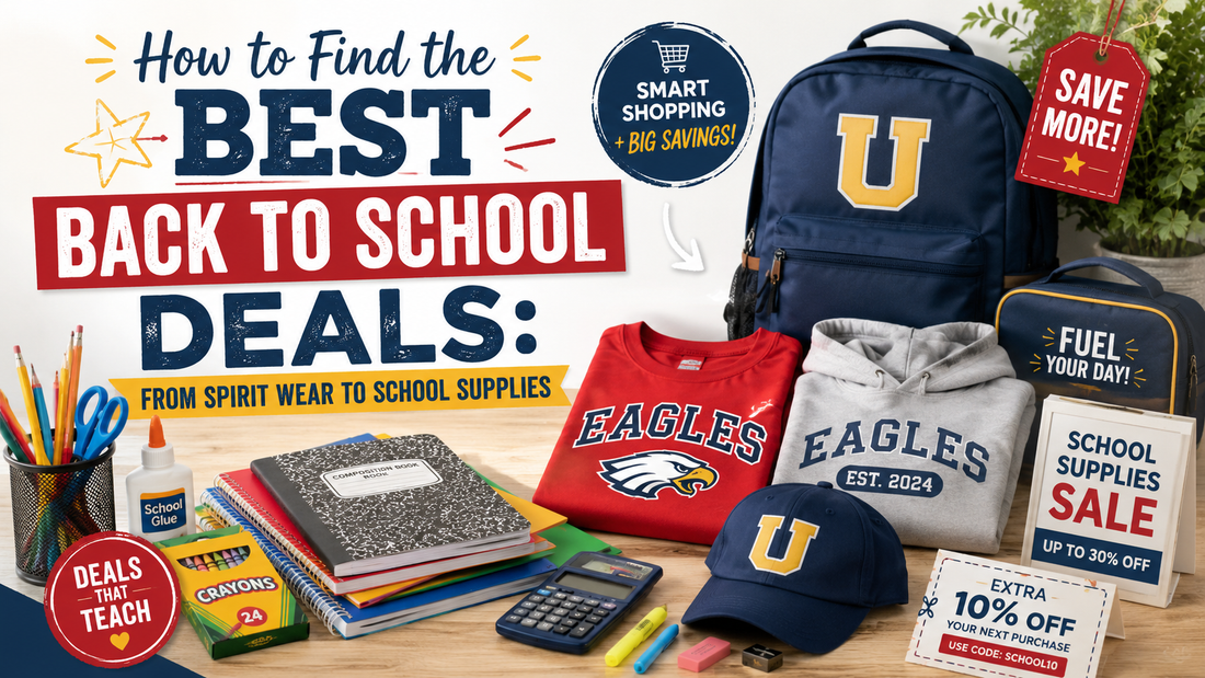 Back-to-school deals on spirit wear, backpacks, notebooks, pencils, crayons, and other school supplies for smart school shopping.