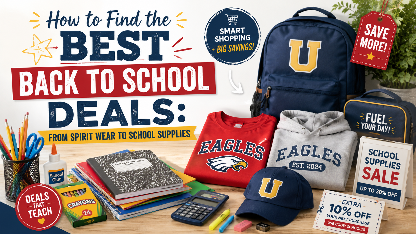 Back-to-school deals on spirit wear, backpacks, notebooks, pencils, crayons, and other school supplies for smart school shopping.