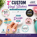 Colorful 2-inch custom vinyl sticker mockup featuring personalized logo decals, business branding stickers, and waterproof custom sticker designs by H&R Custom Graphics