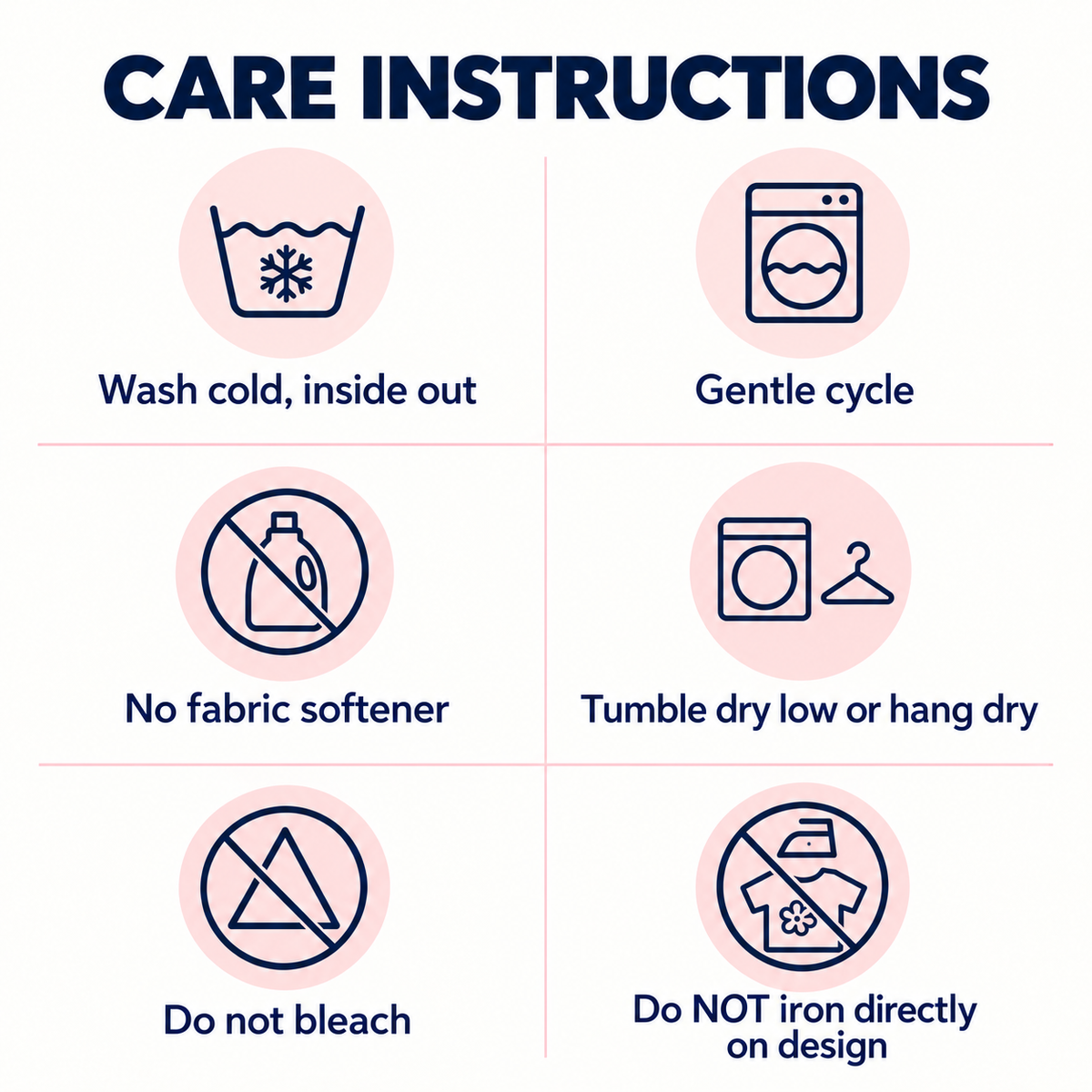 A care instructions graphic with six icons and text on a white background. The text reads: Wash cold, inside out; Gentle cycle; No fabric softener; Tumble dry low or hang dry; Do not bleach; Do NOT iron directly on design.