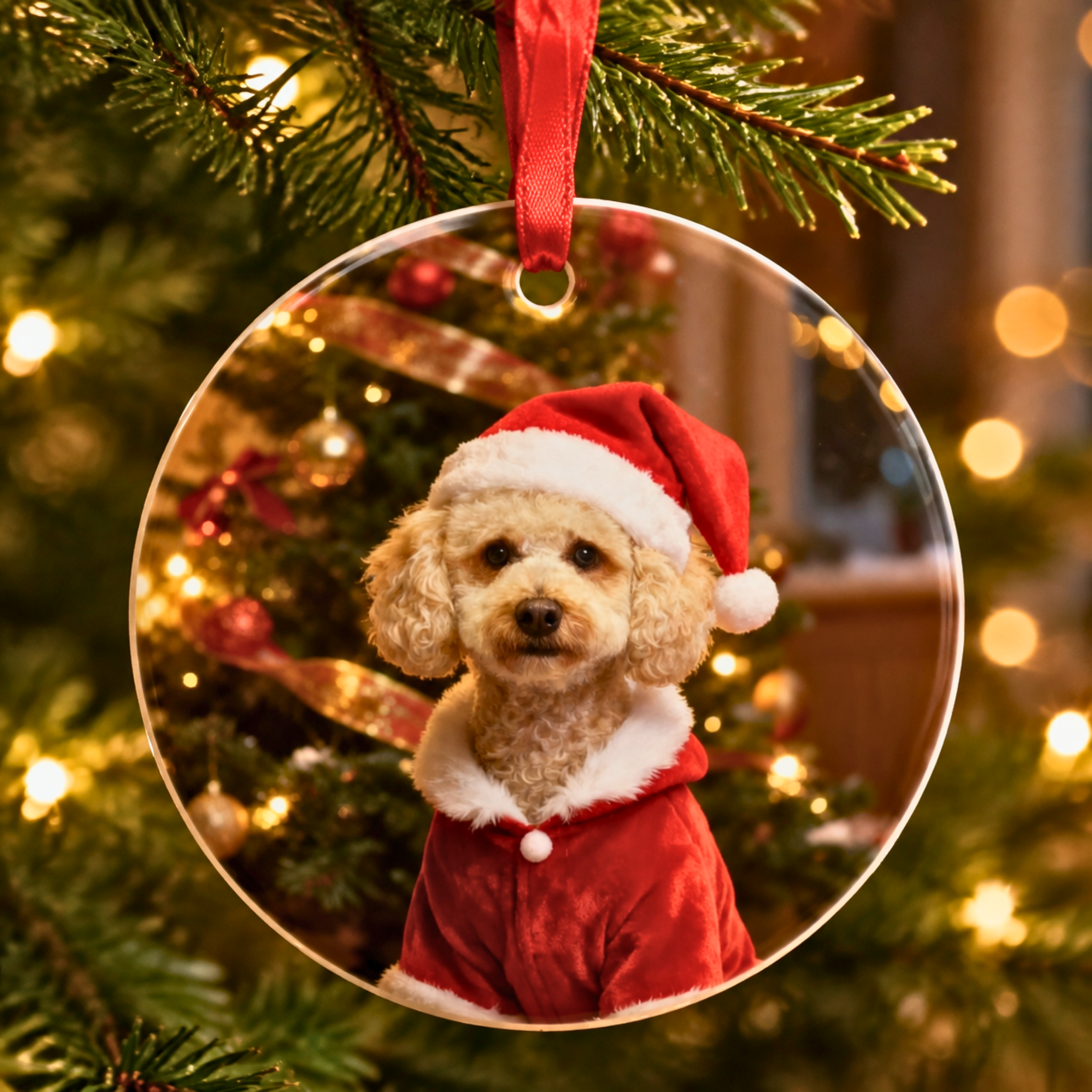A round clear Christmas ornament hanging from a red ribbon, featuring a printed photo of a small beige dog wearing a red Santa suit, set against a blurred festive Christmas tree background.