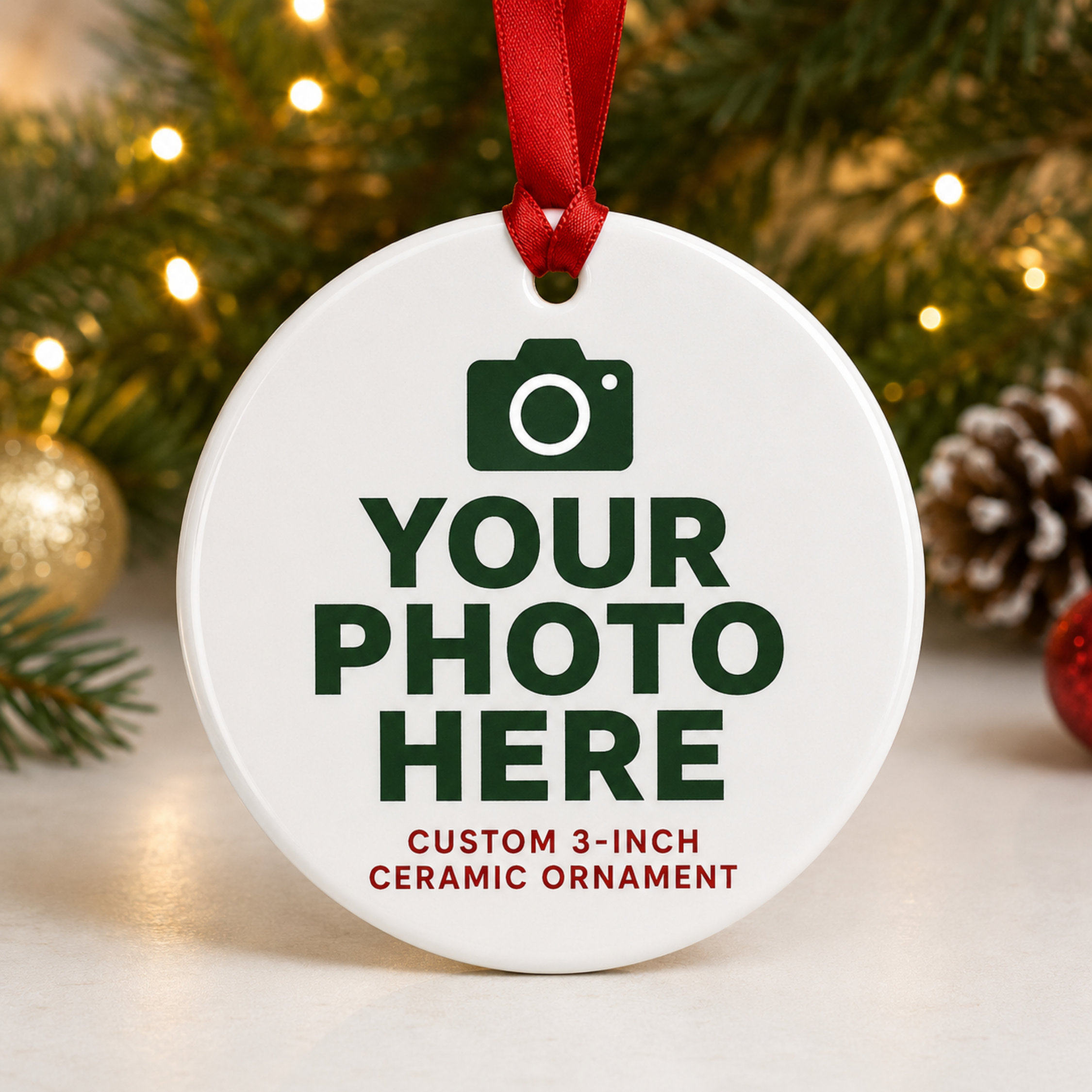 A round white ceramic Christmas ornament with a red hanging ribbon, featuring a green camera icon and the text 'YOUR PHOTO HERE' with 'CUSTOM 3-INCH CERAMIC ORNAMENT' below. The ornament is shown in a festive setting with blurred Christmas tree branches, warm lights, and pinecones in the background.