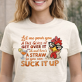 Funny chicken “get over it” graphic tee on cream shirt