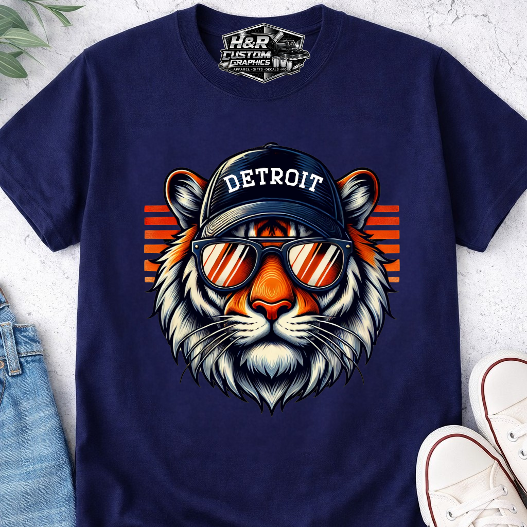 Detroit baseball tiger shirt with roaring tiger and crossed bats navy graphic tee