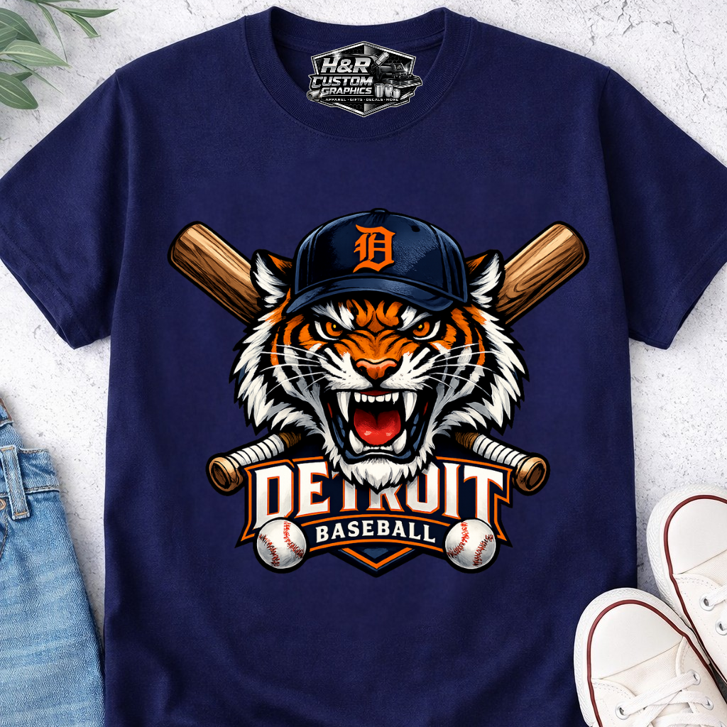 roaring tiger detroit baseball shirt with crossed bats navy graphic tee
