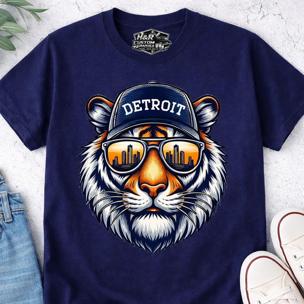 Detroit tiger sunglasses shirt navy graphic tee with city skyline reflection