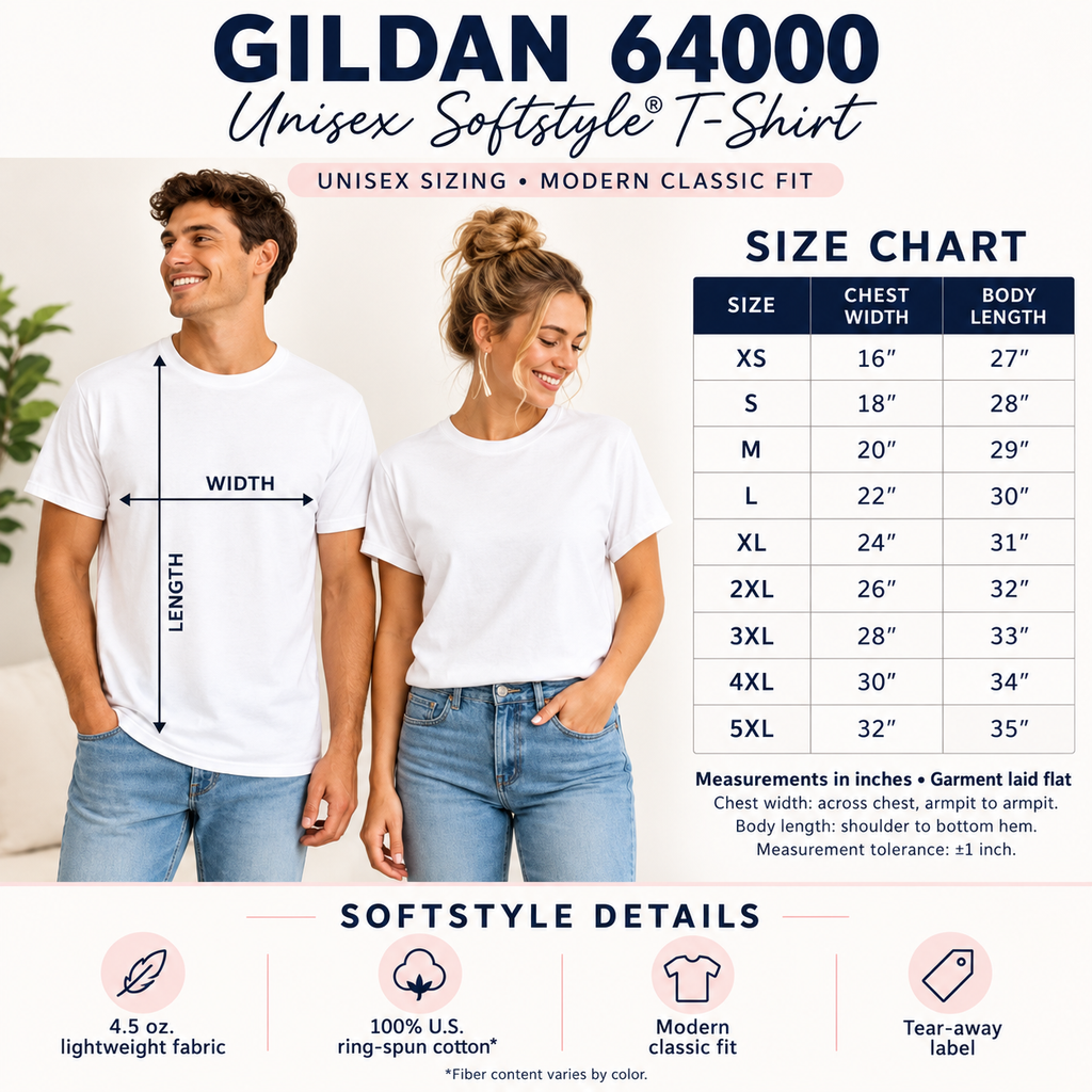 Size chart graphic for a Gildan 64000 Unisex Softstyle T-shirt, showing two models wearing white shirts with measurement arrows and a chest/body length table listing sizes XS through 5XL.