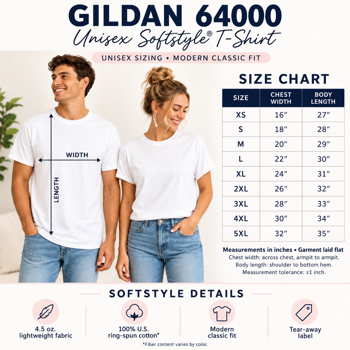 Size chart graphic for a Gildan 64000 Unisex Softstyle T-shirt, showing two models wearing white shirts with measurement arrows and a chest/body length table listing sizes XS through 5XL.