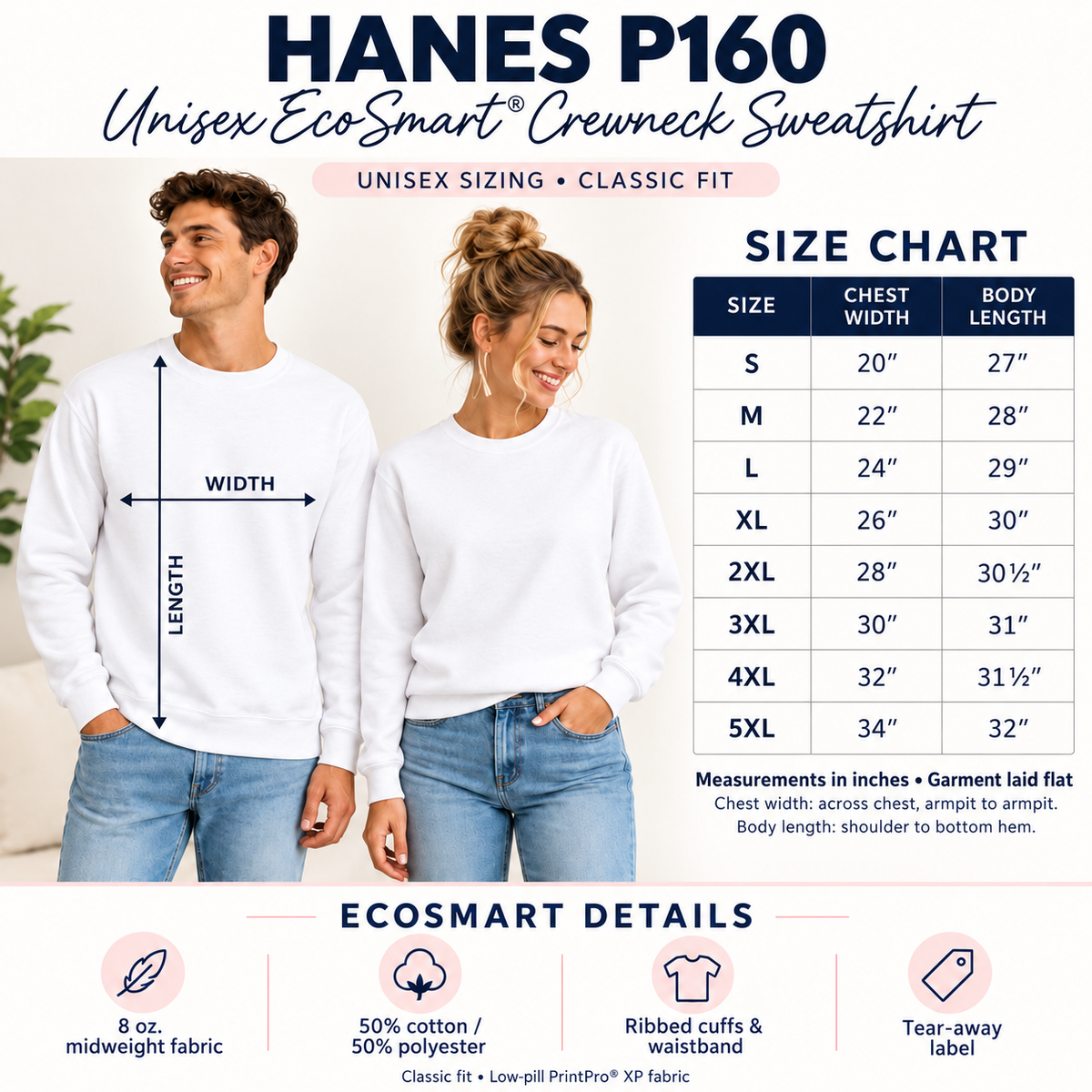A size chart graphic for the Hanes P160 Unisex Eco-Smart Crewneck Sweatshirt. The top half shows a man and a woman modeling white sweatshirts with arrows indicating chest width and body length measurements.