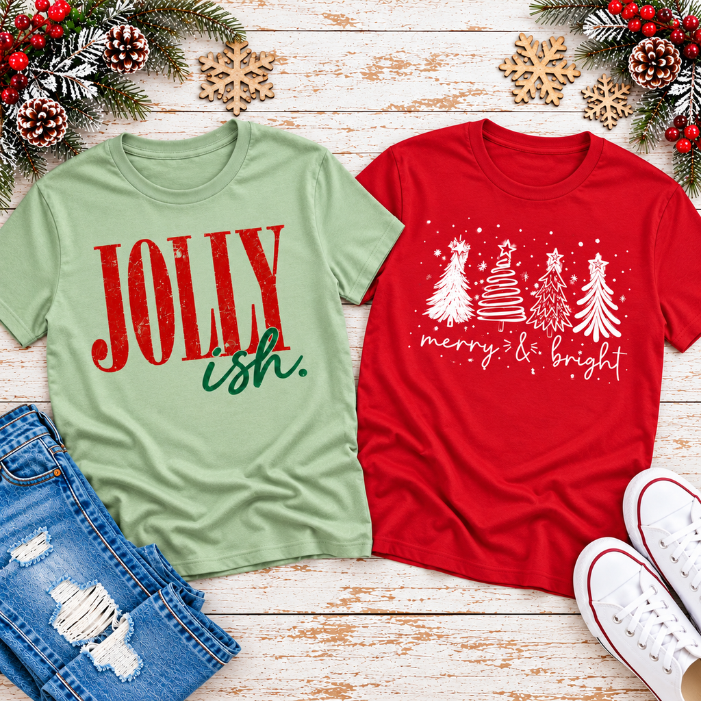 Two Christmas-themed graphic t-shirts displayed in a flat-lay arrangement with denim jeans and white sneakers on a rustic white wood background decorated with pinecones and snowflakes. One t-shirt is light sage green with 'JOLLY ish.