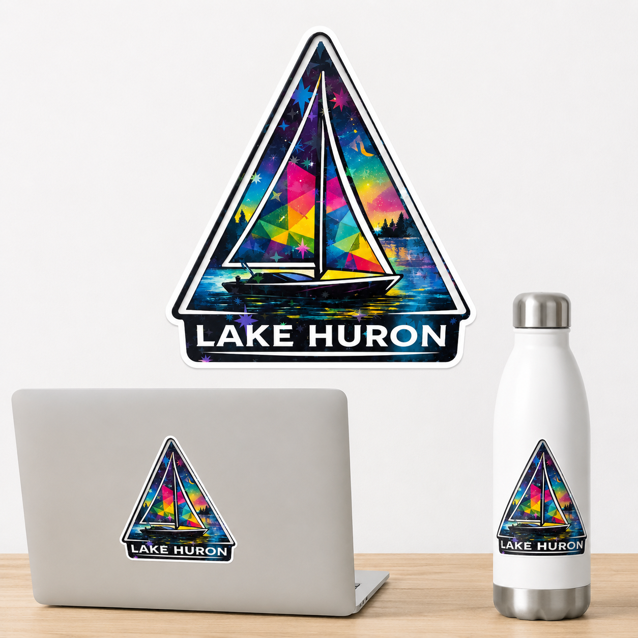 Lake Huron sailboat sticker with colorful nautical design shown on laptop and water bottle mockup