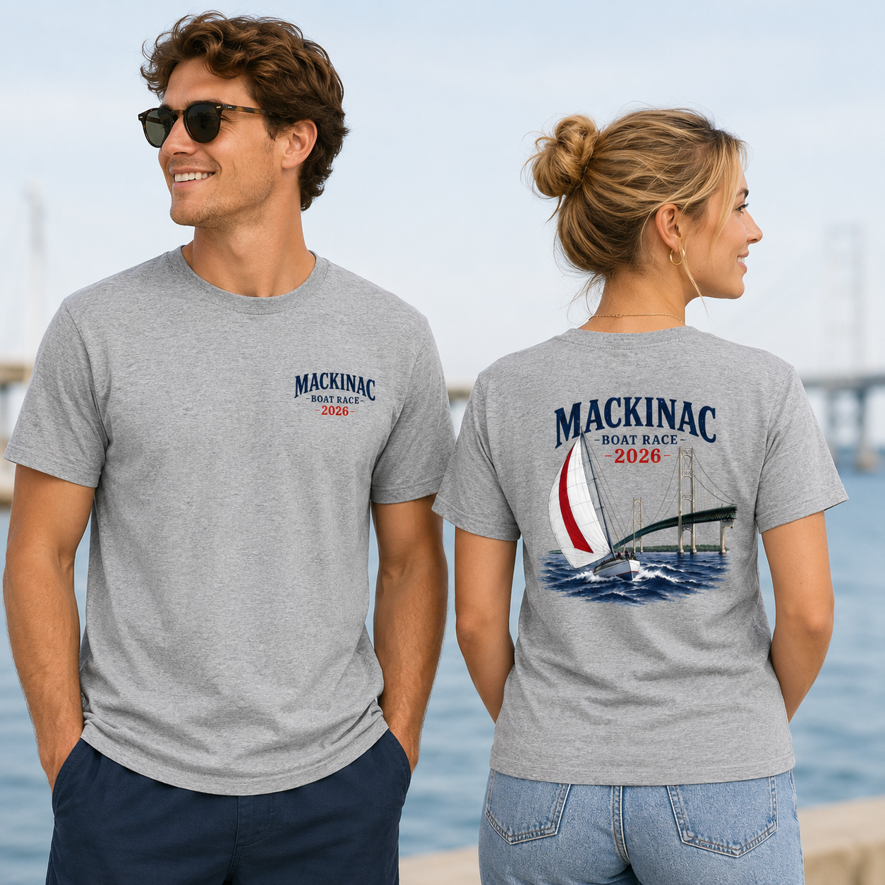 Grey Mackinac Boat Race 2026 t-shirt displayed on male and female models with a small front logo and large back print featuring a sailboat and bridge.