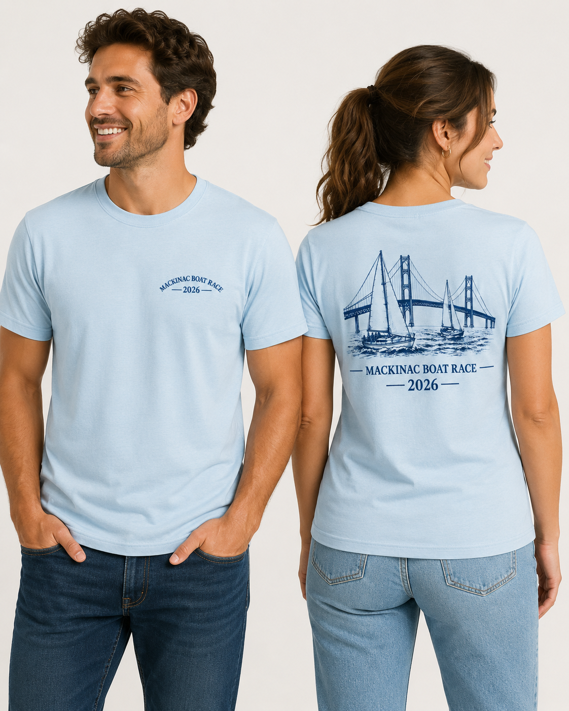 Mackinac Boat Race 2026 ice blue t-shirt shown on male and female models with front and back design.
