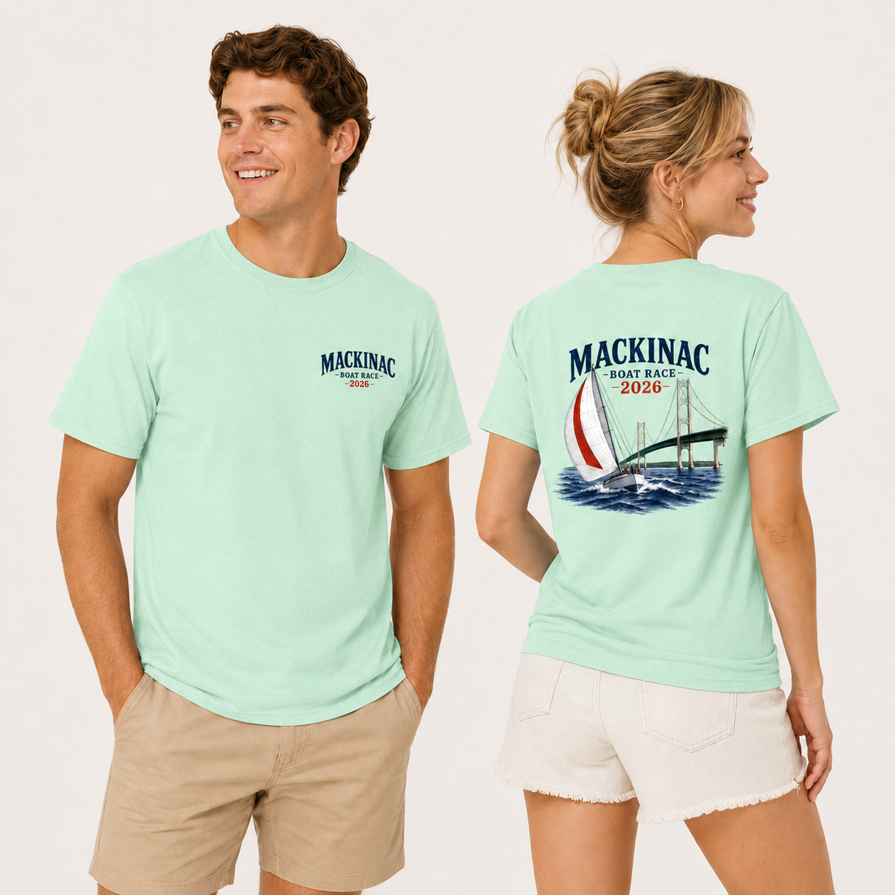 Mint green Mackinac Boat Race 2026 t-shirt displayed on male and female models with a small front logo and large back print featuring a sailboat and bridge.