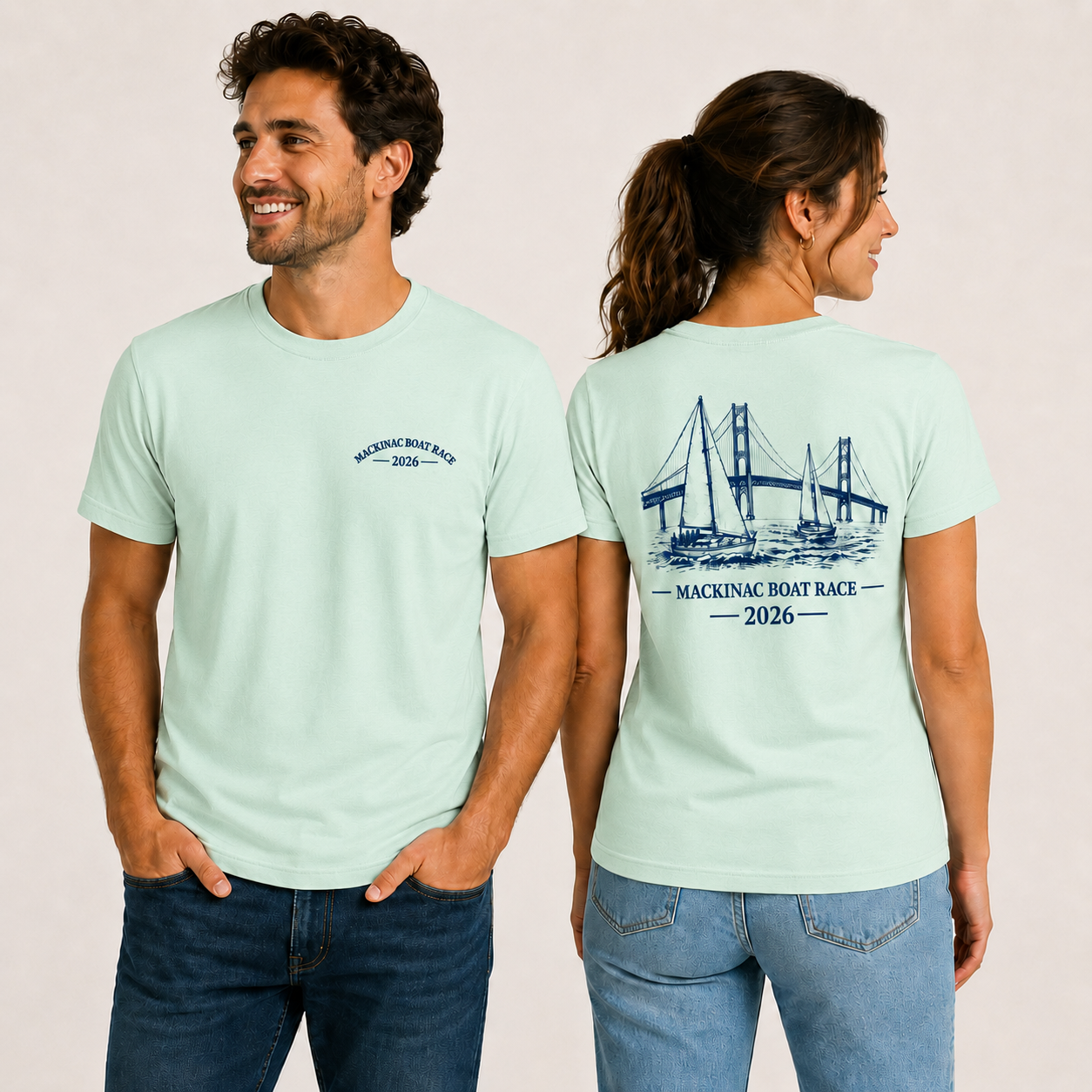 Mackinac Boat Race 2026 mint t-shirt shown on male and female models with front and back design.