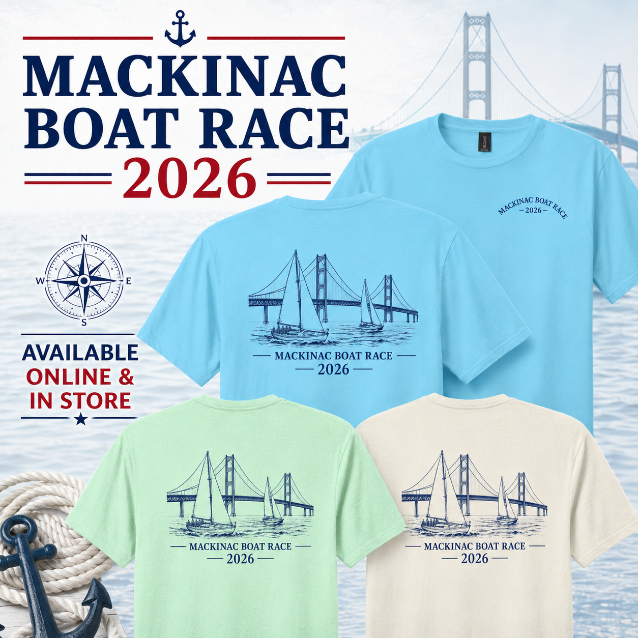 Mackinac Boat Race 2026 preorder shirts in multiple colors with sailboat and bridge design