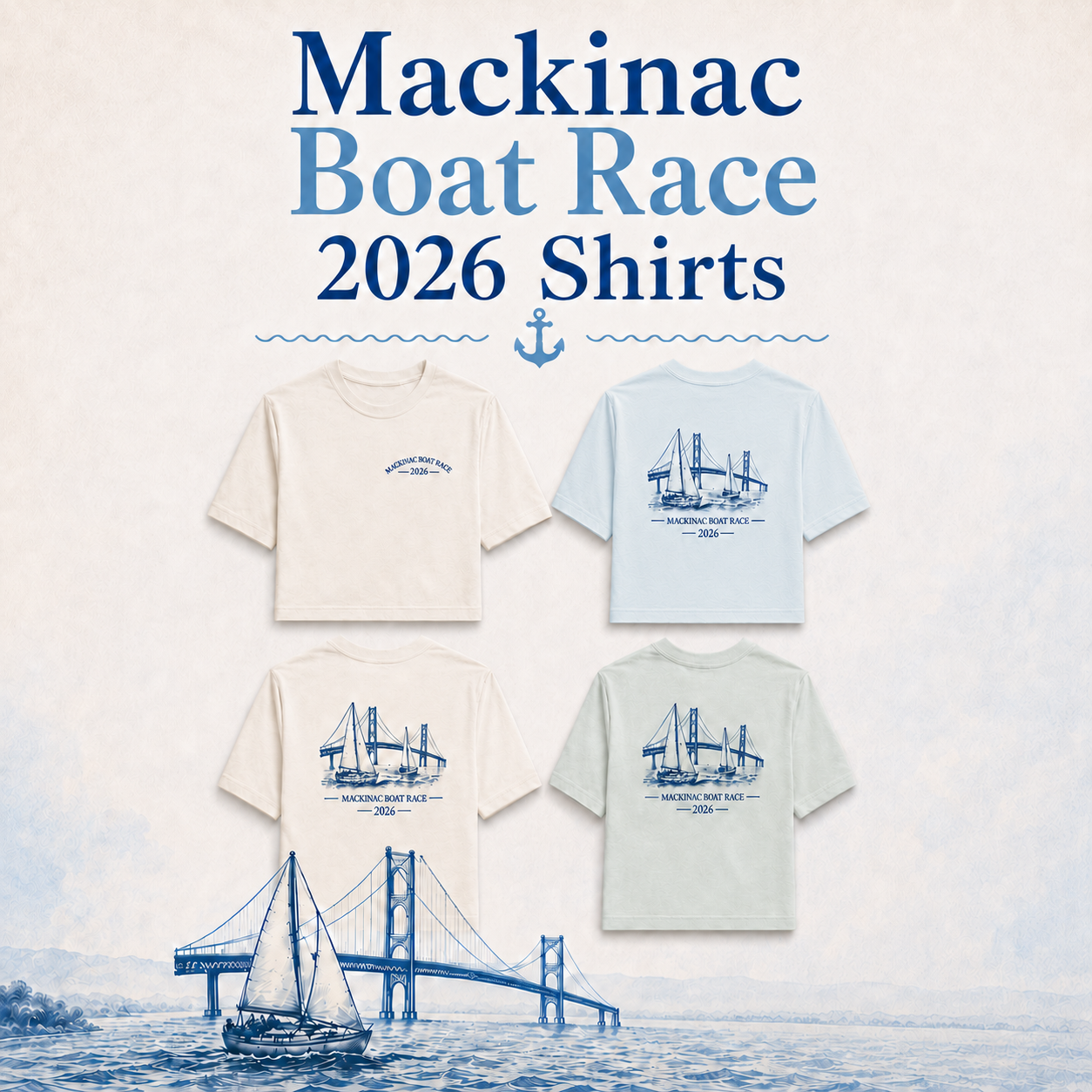 Mackinac Boat Race 2026 preorder shirts in multiple colors with sailboat and bridge design