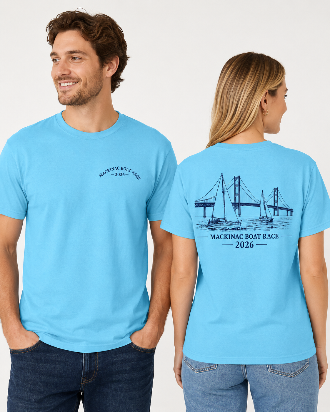 Mackinac Boat Race 2026 ice blue t-shirt shown on male and female models with front and back design.