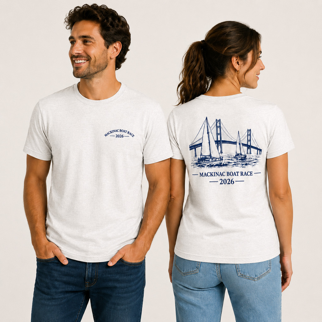 Mackinac Boat Race 2026 white onyx t-shirt shown on male and female models with front and back design