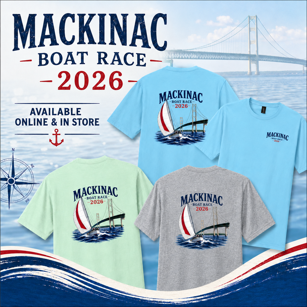 Mackinac Boat Race 2026 shirts in ice blue, mint green, and gray with sailboat and bridge design
