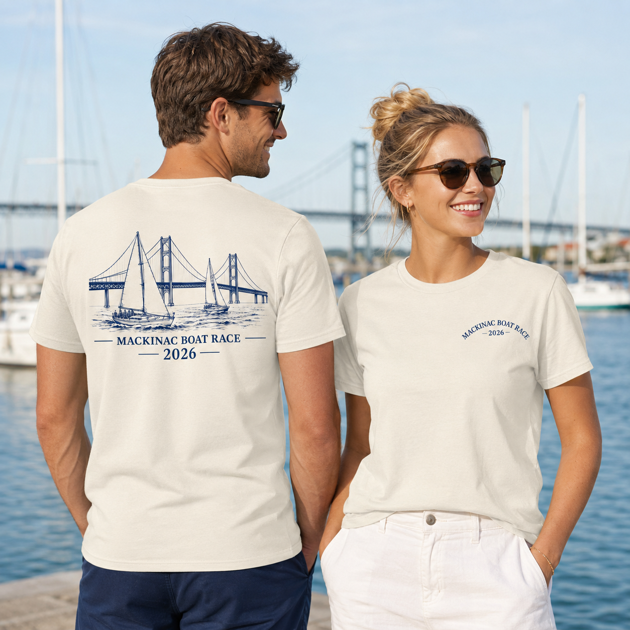 Mackinac Boat Race 2026 white onyx t-shirt shown on male and female models with front and back design
