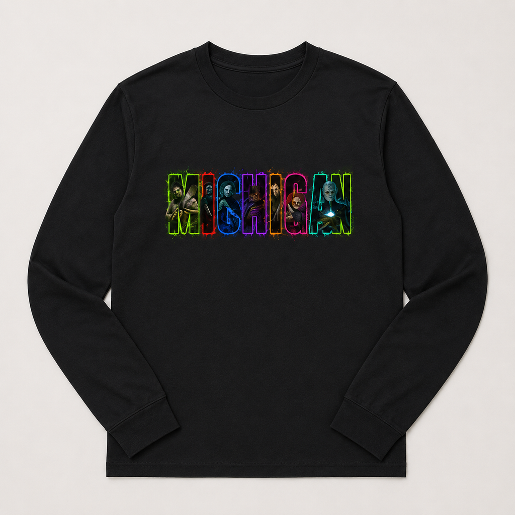 A black long-sleeve crewneck shirt with a colorful graphic on the chest spelling 'MICHIGAN' in neon-style letters filled with character illustrations, shown on a light gray background.
