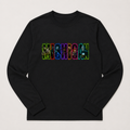 A black long-sleeve crewneck shirt with a colorful graphic on the chest spelling 'MICHIGAN' in neon-style letters filled with character illustrations, shown on a light gray background.