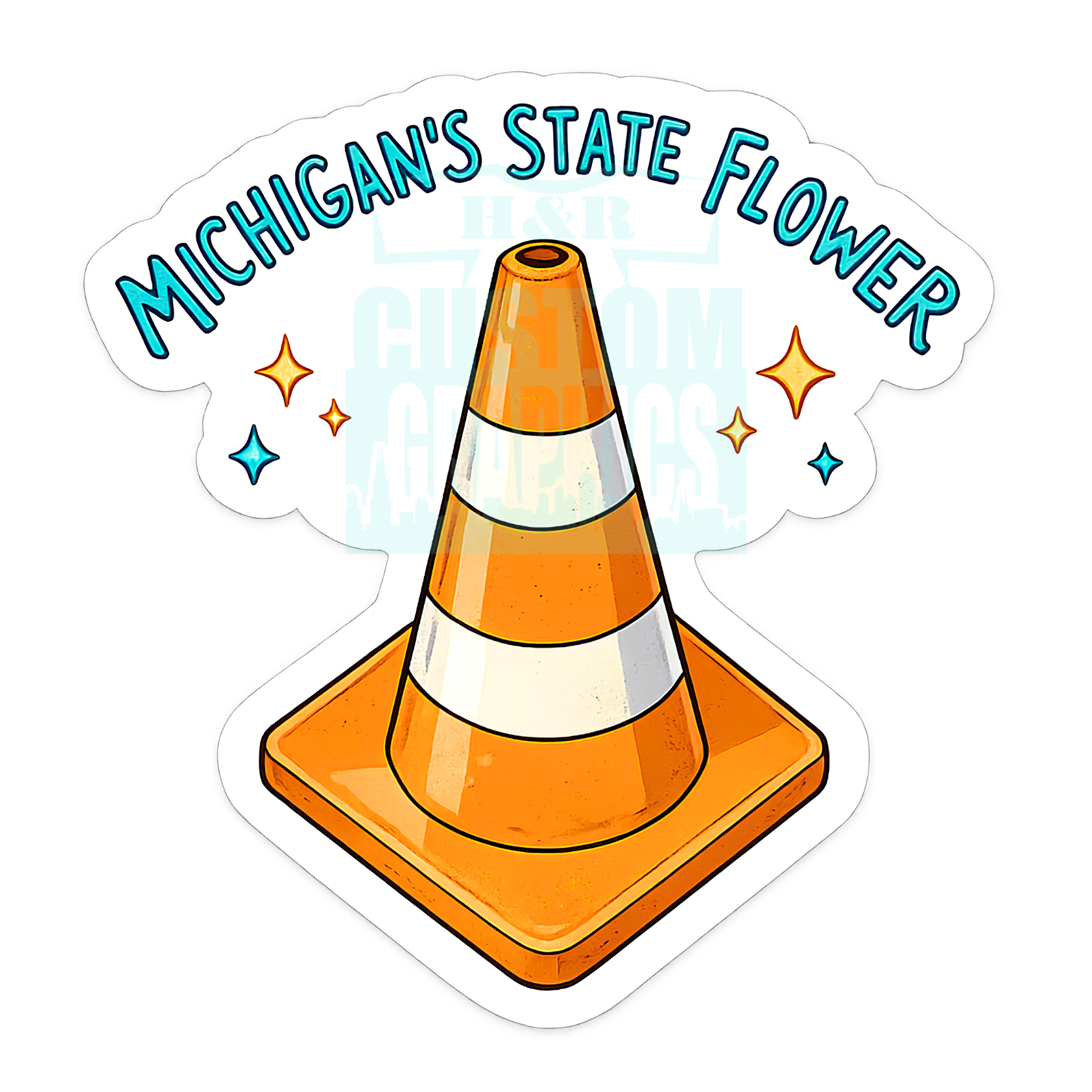 A die-cut sticker featuring a cartoon orange and white traffic cone with the text 'MICHIGAN'S STATE FLOWER' in blue arched above it, plus small star accents, shown on a white background.