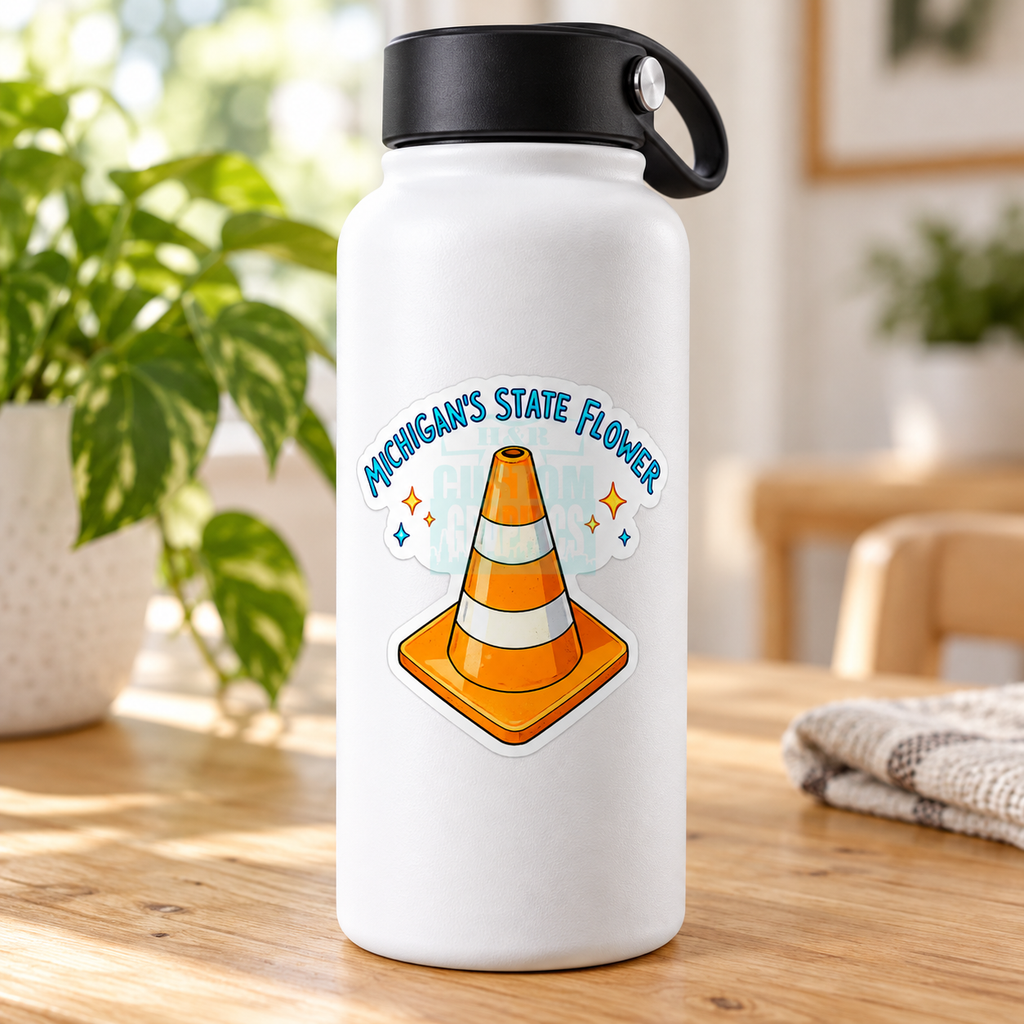 Michigan’s State Flower orange traffic cone vinyl sticker displayed on a laptop, water bottle and cooler. Funny Michigan Sticker water bottle gift