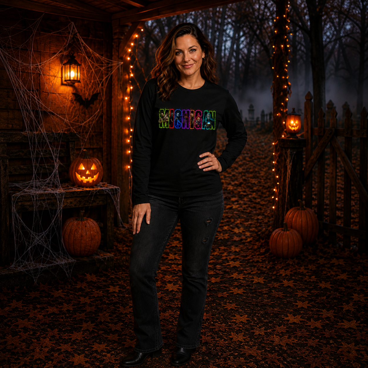A woman stands in a Halloween-themed outdoor setting wearing a black long-sleeve crewneck sweatshirt with 'MICHIGAN' spelled out in colorful, glowing block letters across the chest. She is also wearing dark jeans and black boots.