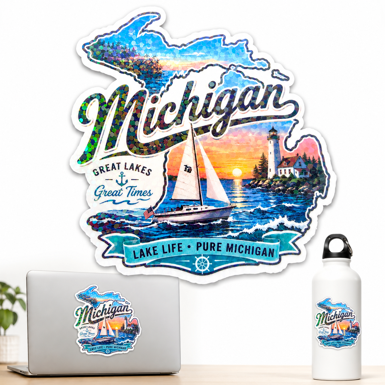 Michigan holographic lake life sticker with sailboat, lighthouse, sunset, and Great Lakes design on a clean product mockup.