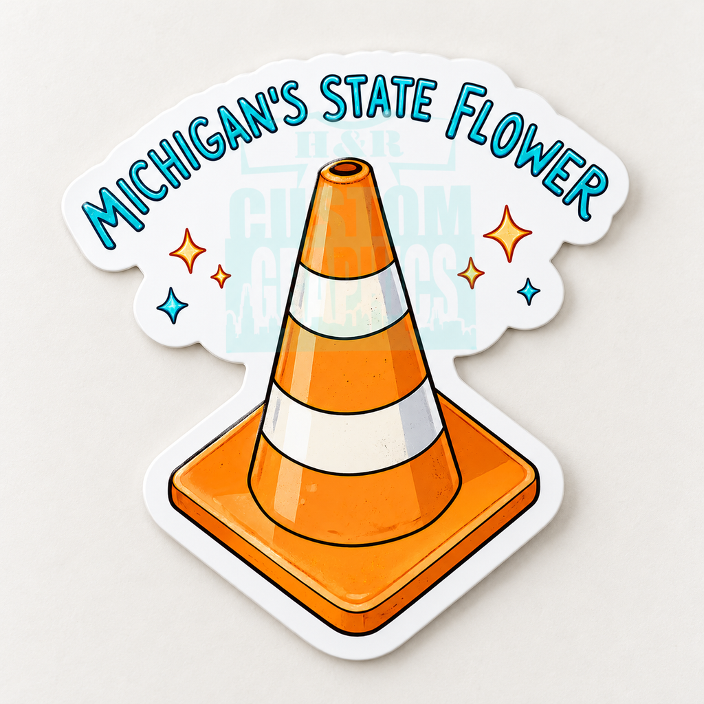 Michigan’s State Flower orange traffic cone vinyl sticker displayed on a laptop, water bottle and cooler funny Michigan Sticker