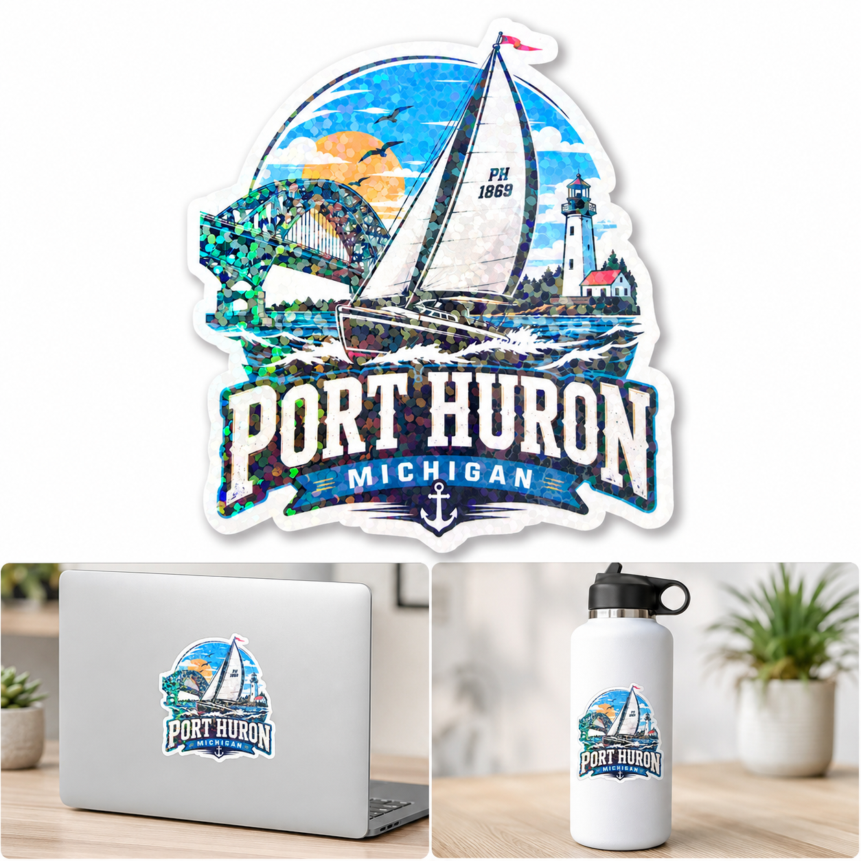 Port Huron Michigan holographic sticker featuring a sailboat, Blue Water Bridge, lighthouse, waves, and bold nautical lettering.