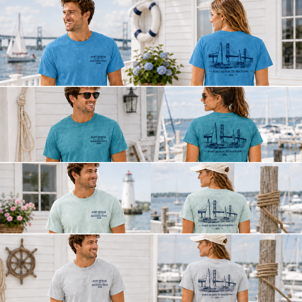 Port Huron to Mackinac 2026 boat race t-shirts shown on male and female models in blue, mint, and white colors with front chest and back sailboat designs.