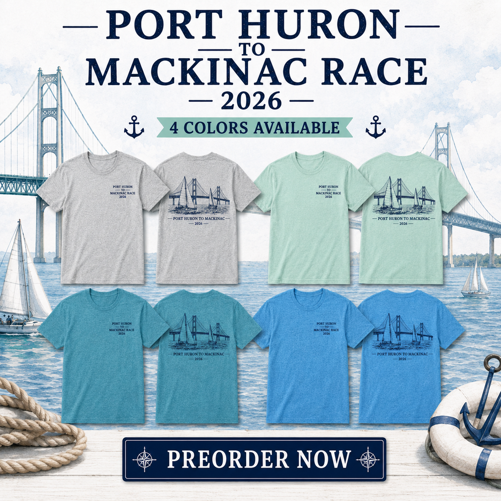 Port Huron to Mackinac Race 2026 grey and mint green t-shirts with front left chest logo and back sailboat bridge design