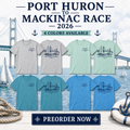 Port Huron to Mackinac Race 2026 grey and mint green t-shirts with front left chest logo and back sailboat bridge design