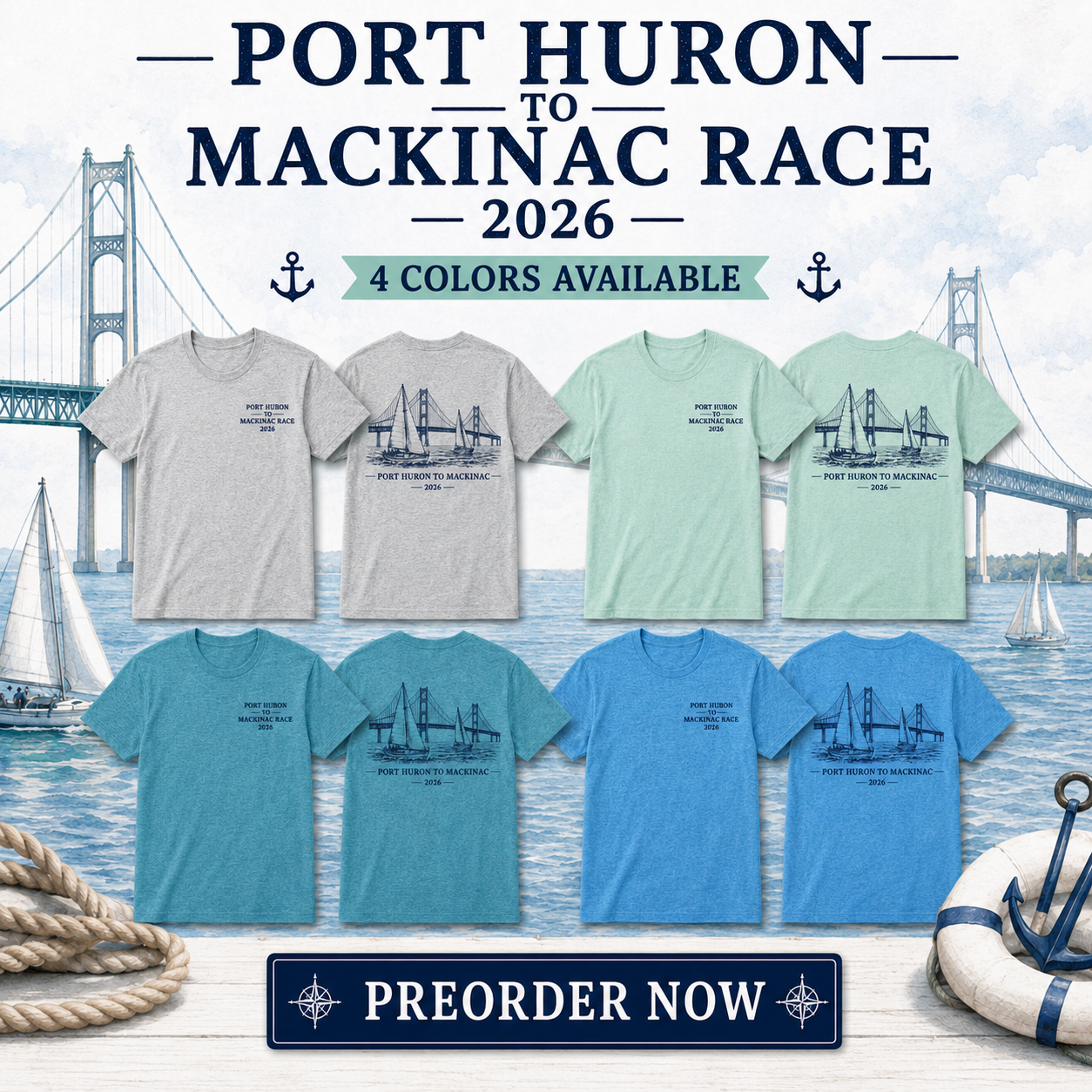 Port Huron to Mackinac Race 2026 grey and mint green t-shirts with front left chest logo and back sailboat bridge design