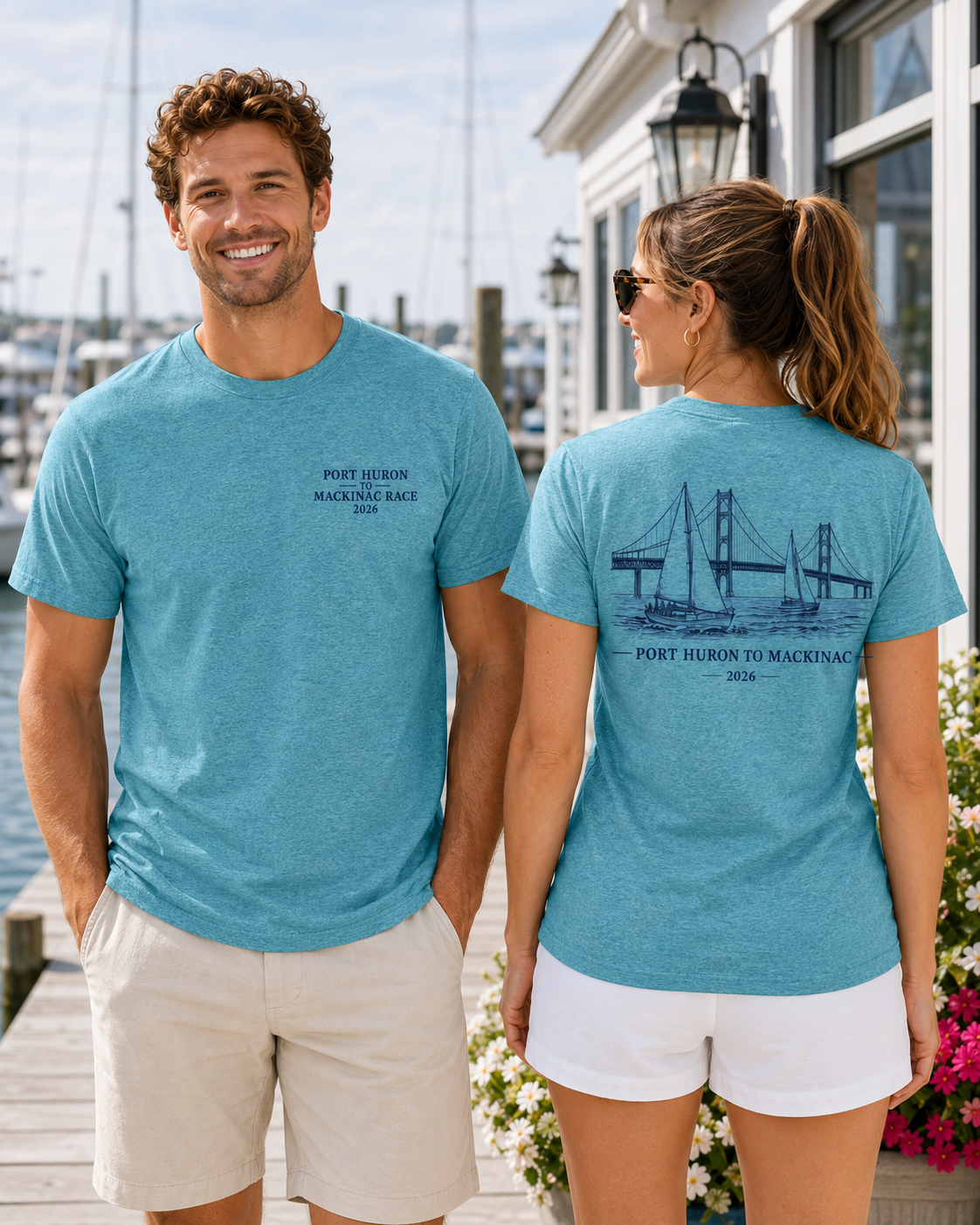 Port Huron to Mackinac Race 2026 Heather Galapagos Blue t-shirt with front left chest logo and back sailboat bridge design