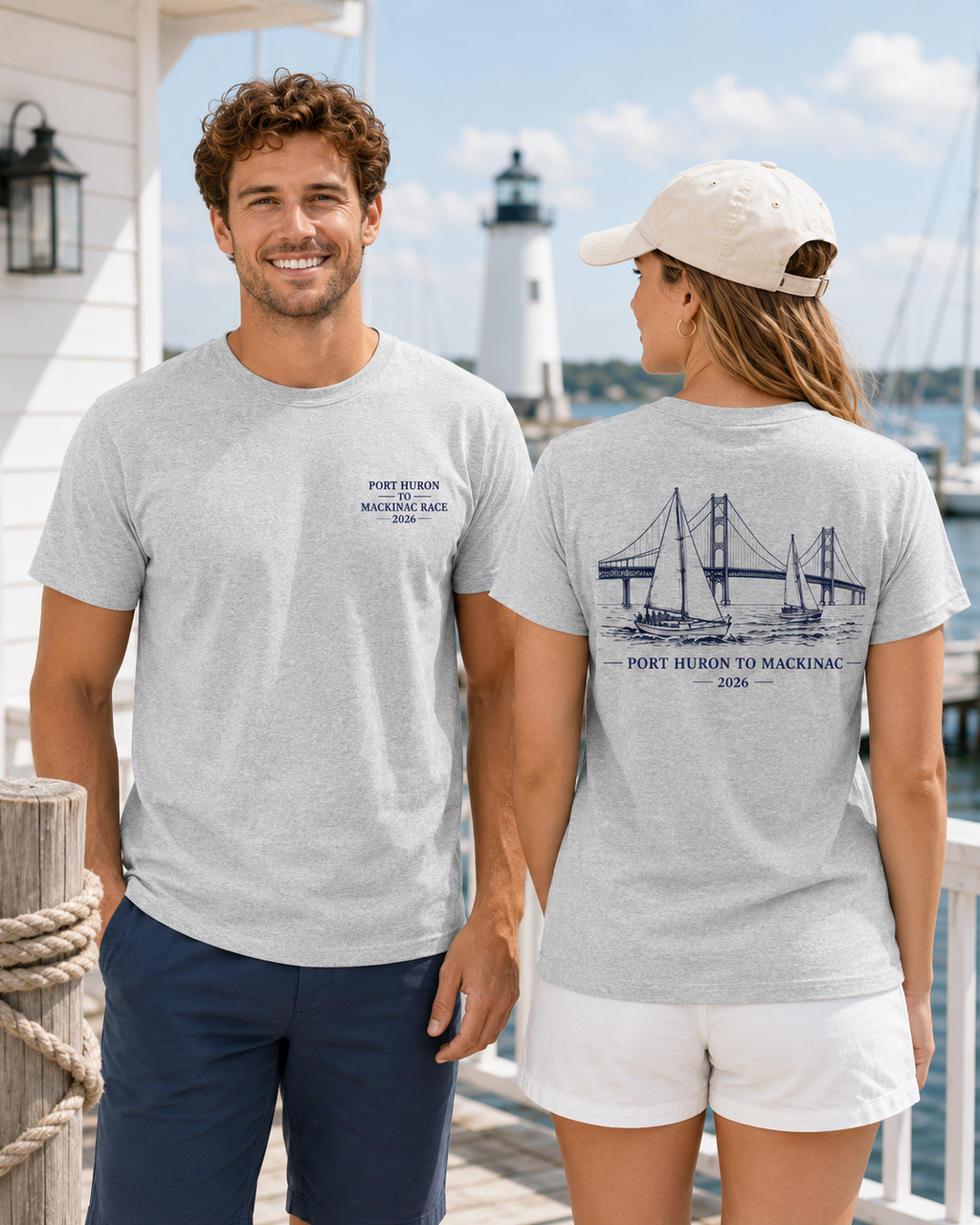 Port Huron to Mackinac Race 2026 Sport Grey t-shirt with front left chest logo and back sailboat bridge design