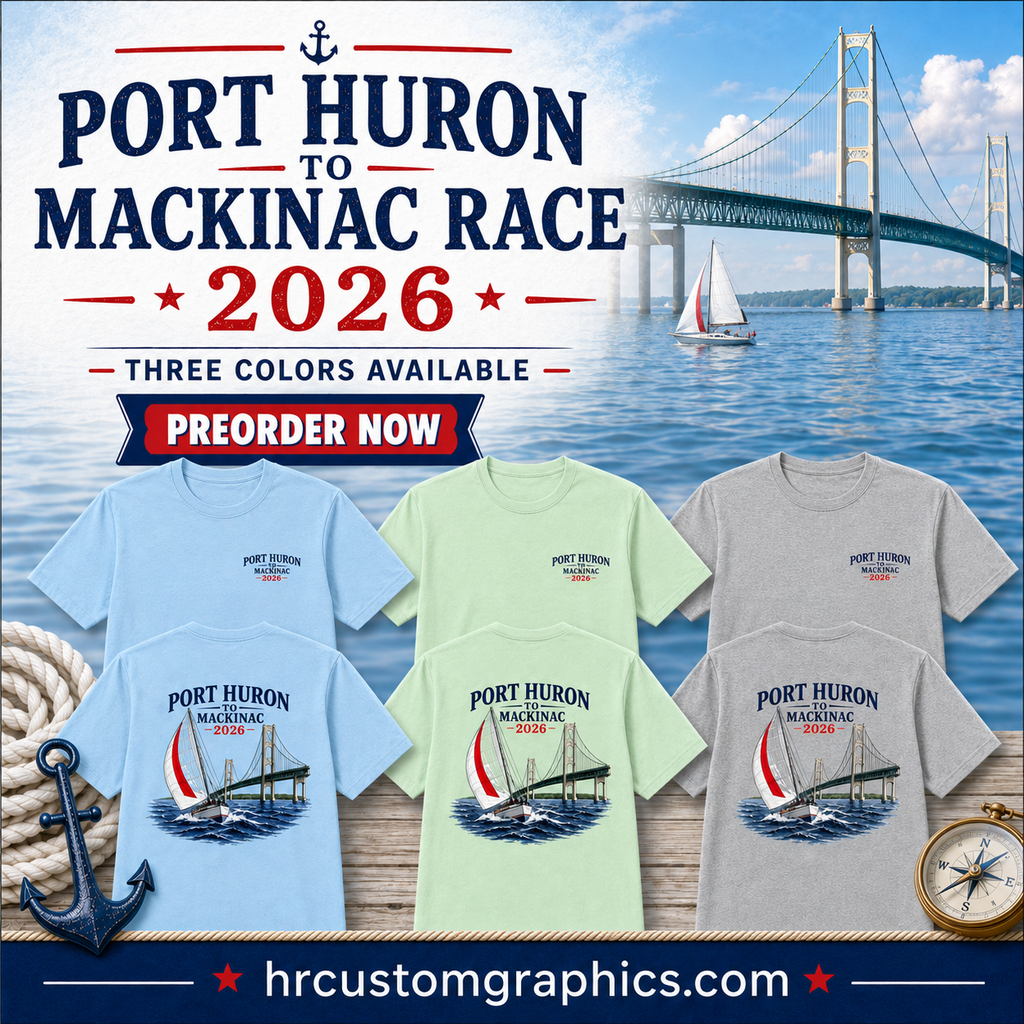 Port Huron to Mackinac Race 2026 shirt mockup with sailboat and bridge design in blue, mint, and grey colors.