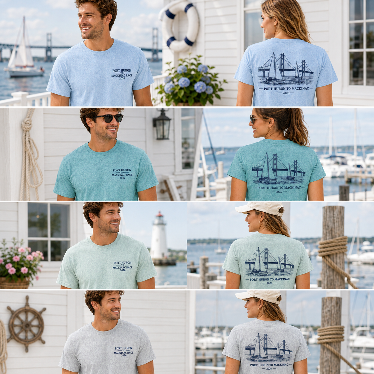 Port Huron to Mackinac Race 2026 t-shirt with front chest logo and back sailboat bridge design grey green heather blue