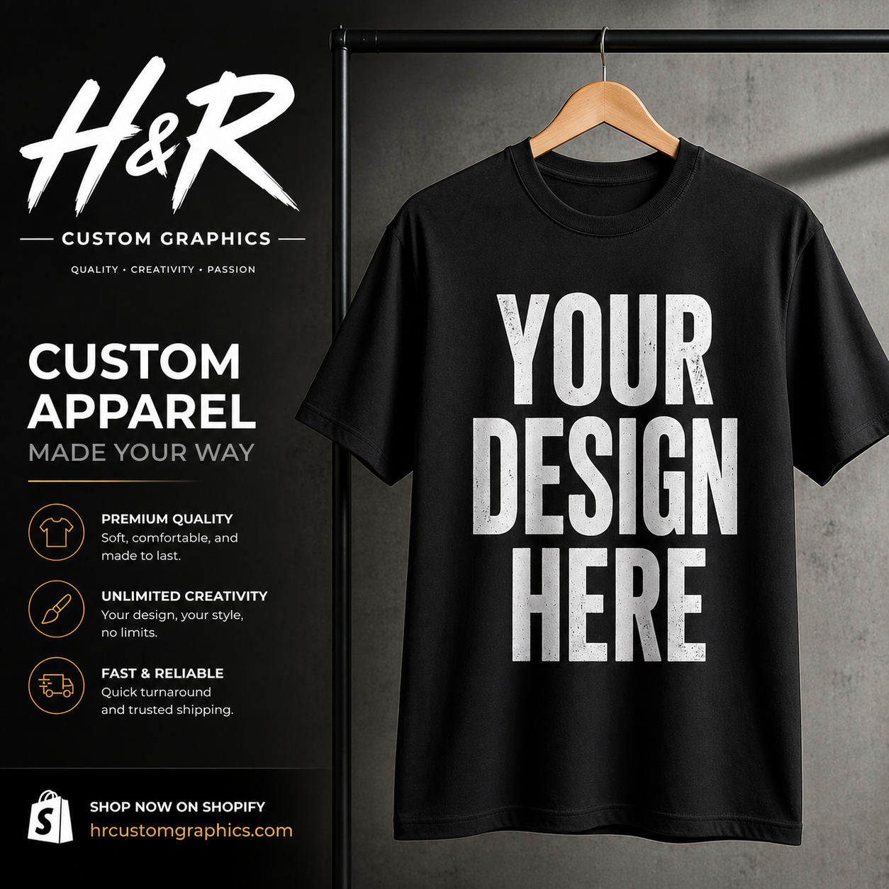 Custom t-shirt your design here mockup black shirt H&R Custom Graphics