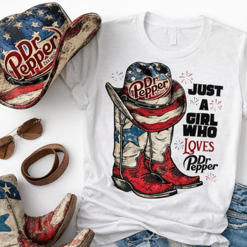 White t-shirt with Dr Pepper graphic, cowboy boots, and hat on a white background