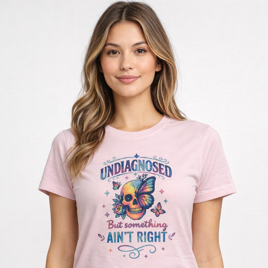Woman wearing a pink t-shirt with a colorful graphic and text on a white background