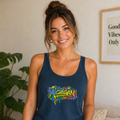 Woman wearing navy blue Michigan graphic tank top with colorful graffiti style de