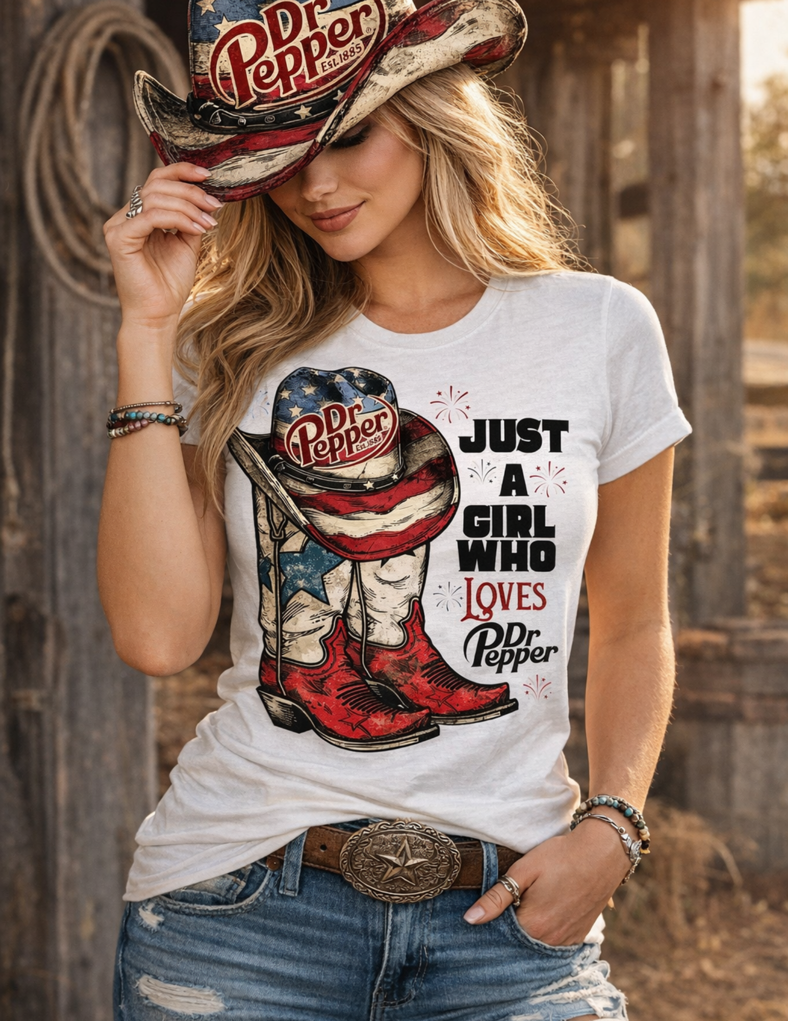 Woman wearing a white t-shirt with Dr Pepper graphics and text, standing in a rustic setting.