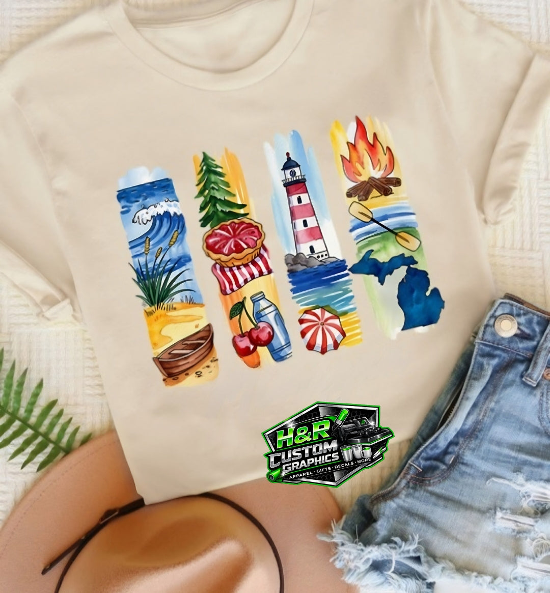 Michigan summer vibes graphic tee with lighthouse, lake, cherries, and bonfire design on neutral shirt