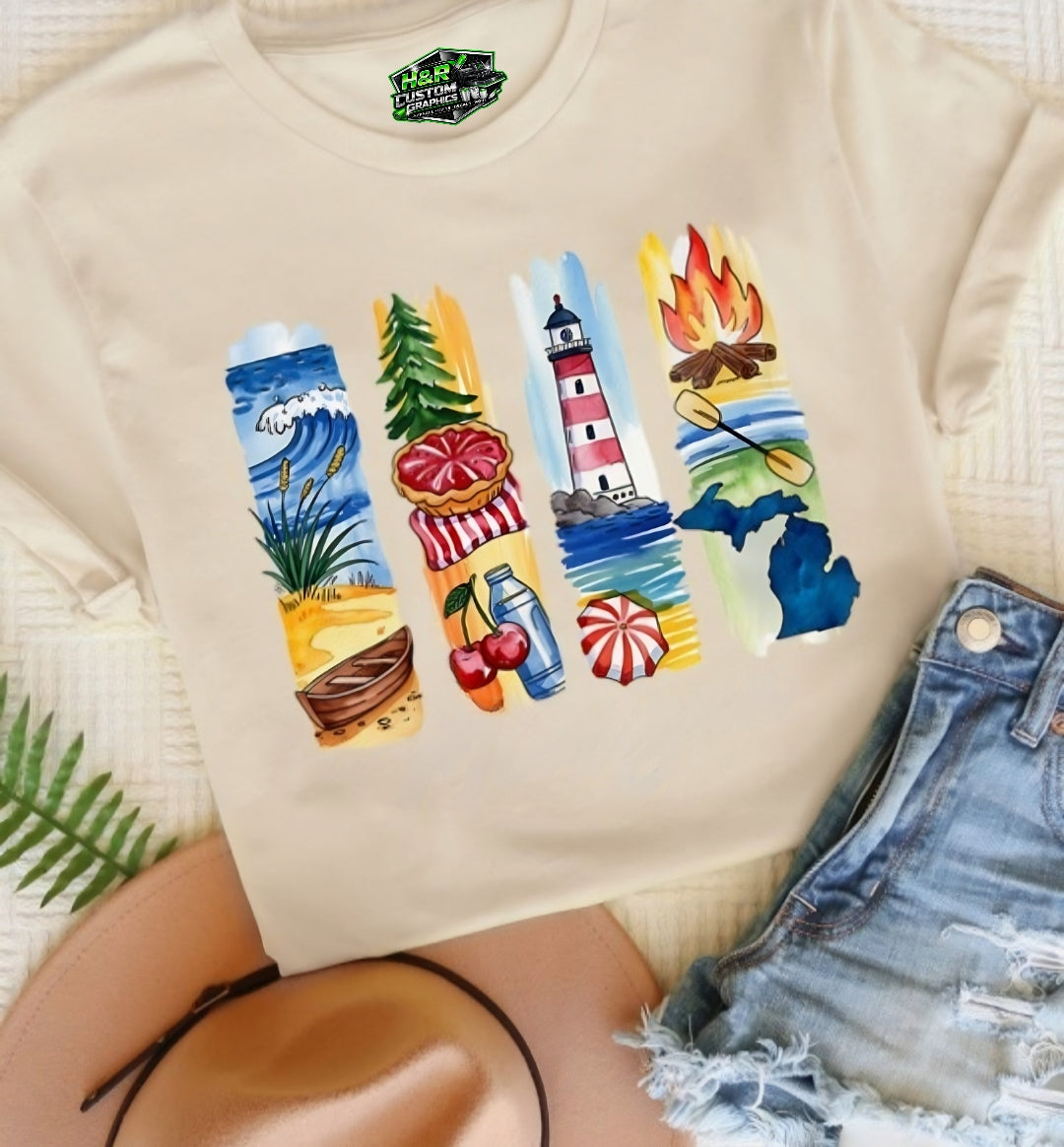Michigan summer vibes graphic tee with lighthouse, lake, cherries, and bonfire design on neutral shirt