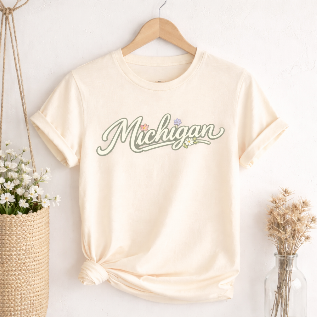 Beige t-shirt with 'Michigan' text on a wooden hanger against a white background