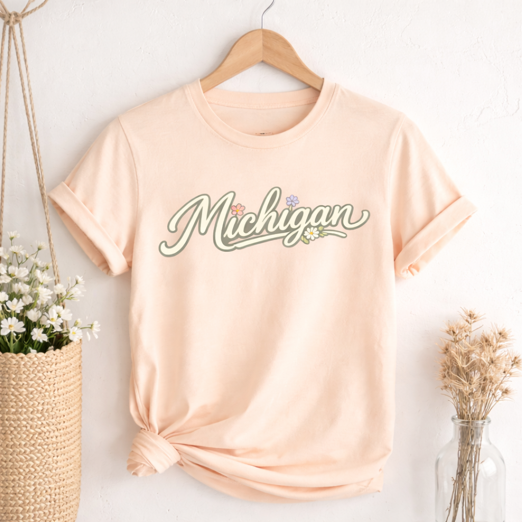 Pink t-shirt with 'Michigan' print on a wooden hanger against a light background
